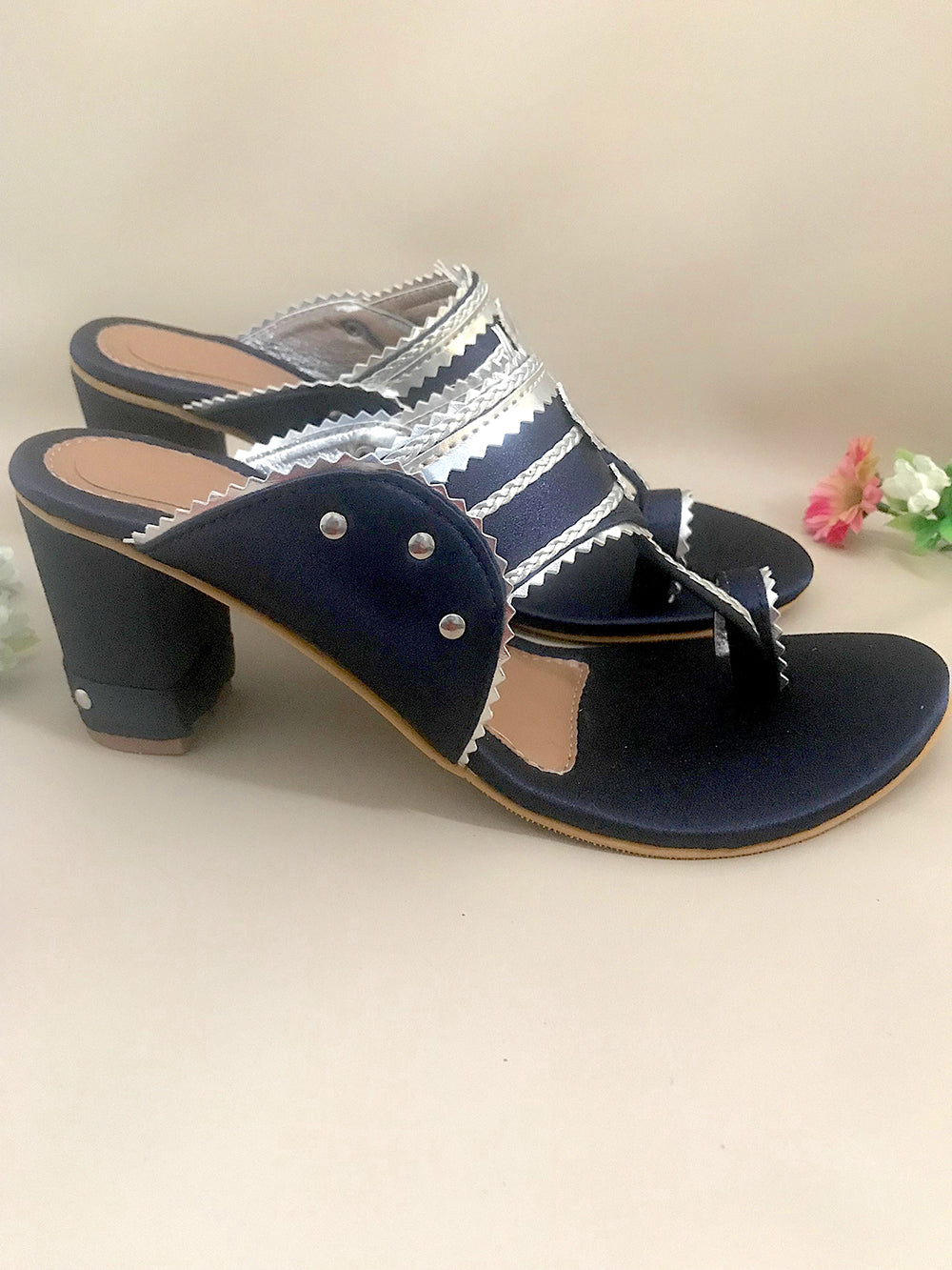 Navy Blue and Silver leather Block Heel