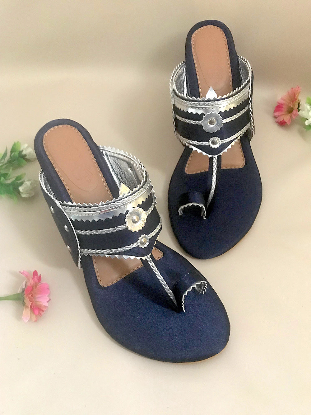 Navy Blue and Silver leather Block Heel