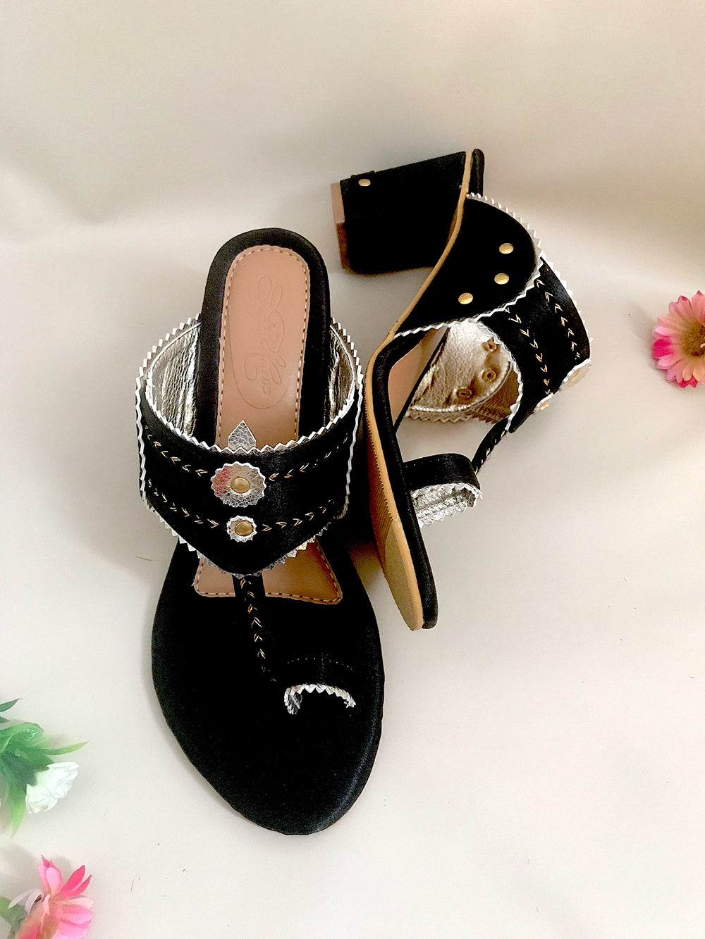 Black and Gold Leather Kolhapuri Block Heel