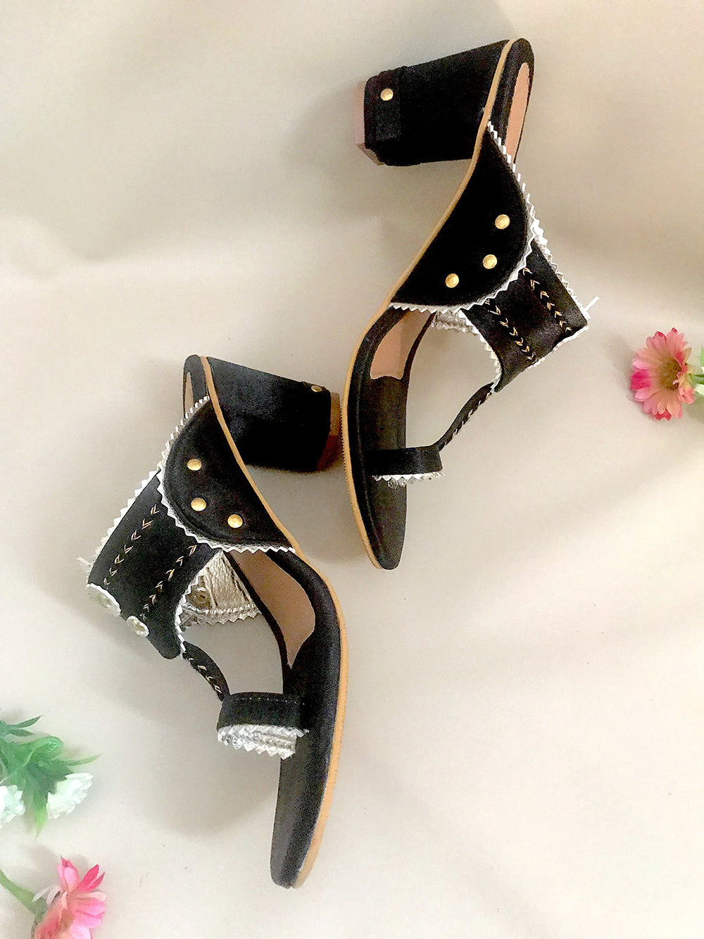 Black and Gold Leather Kolhapuri Block Heel