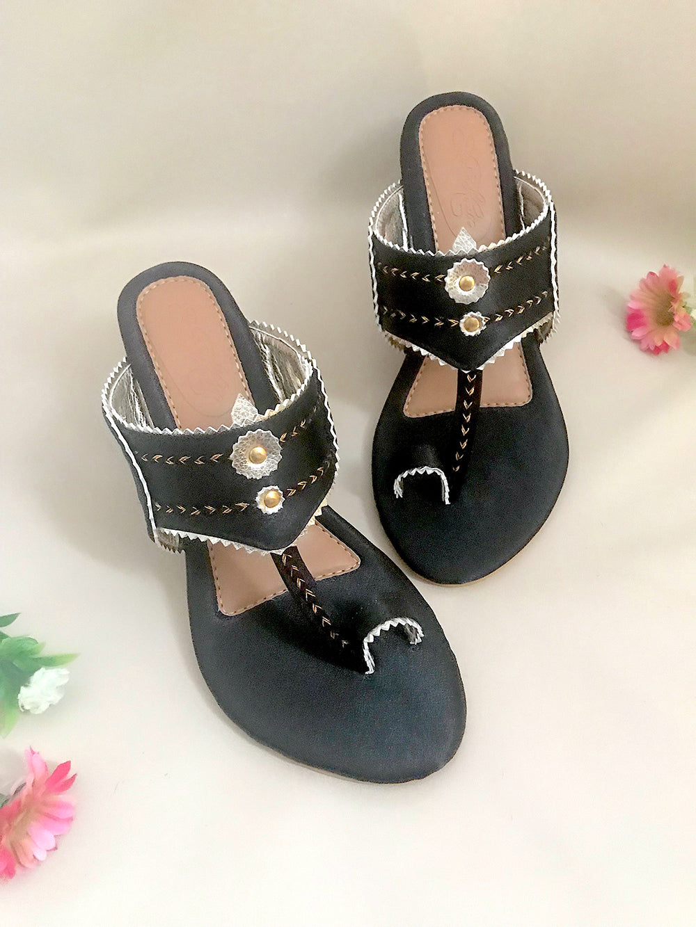 Black and Gold Leather Kolhapuri Block Heel