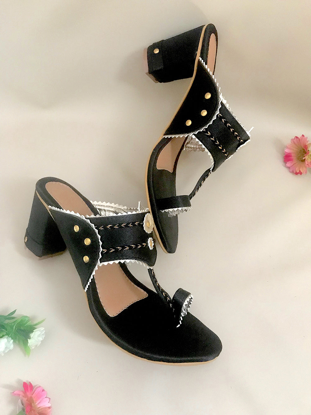 Black and Gold Leather Kolhapuri Block Heel