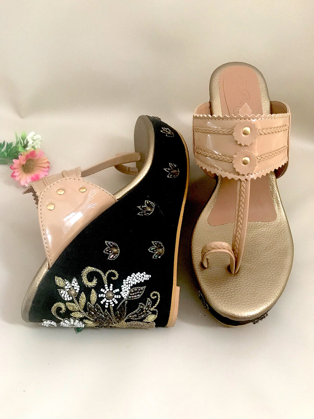 Nude & Black leather Kolapuri Wedges