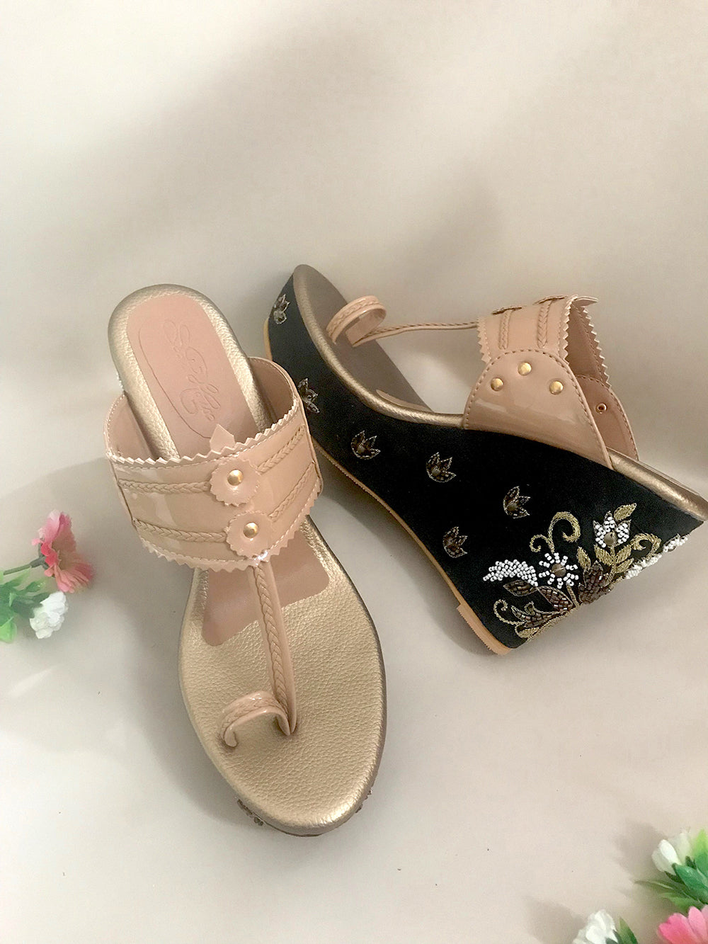 Nude & Black leather Kolapuri Wedges