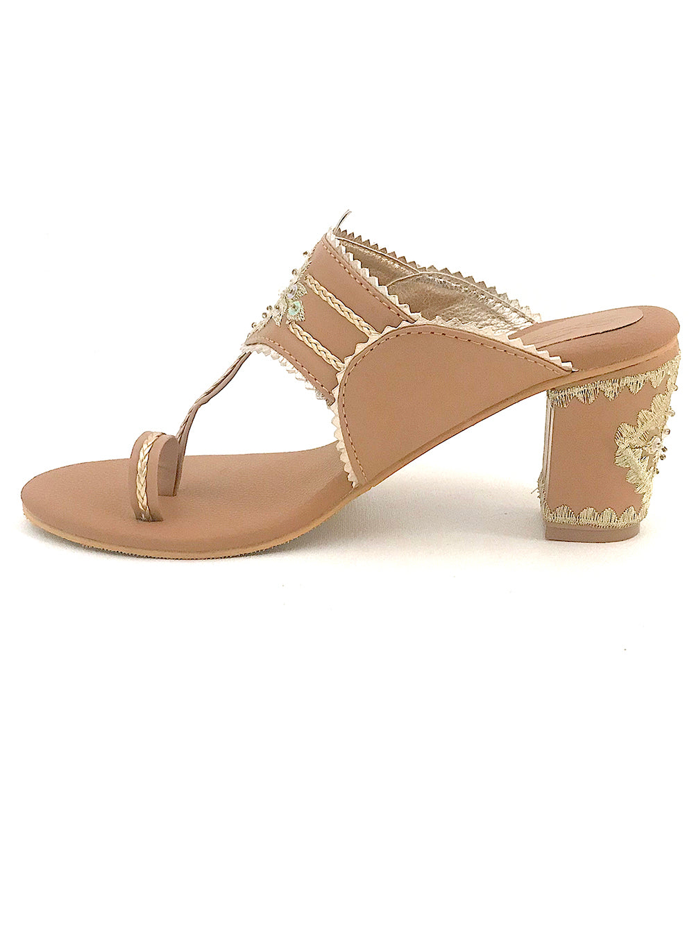 Nude & Gold leather Kolhapuri Block Heel