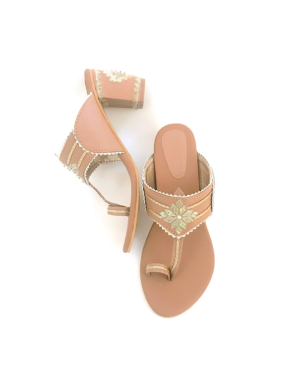 Nude & Gold leather Kolhapuri Block Heel