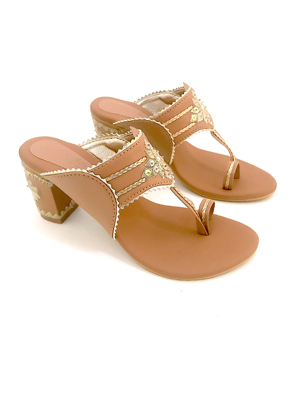 Nude & Gold leather Kolhapuri Block Heel