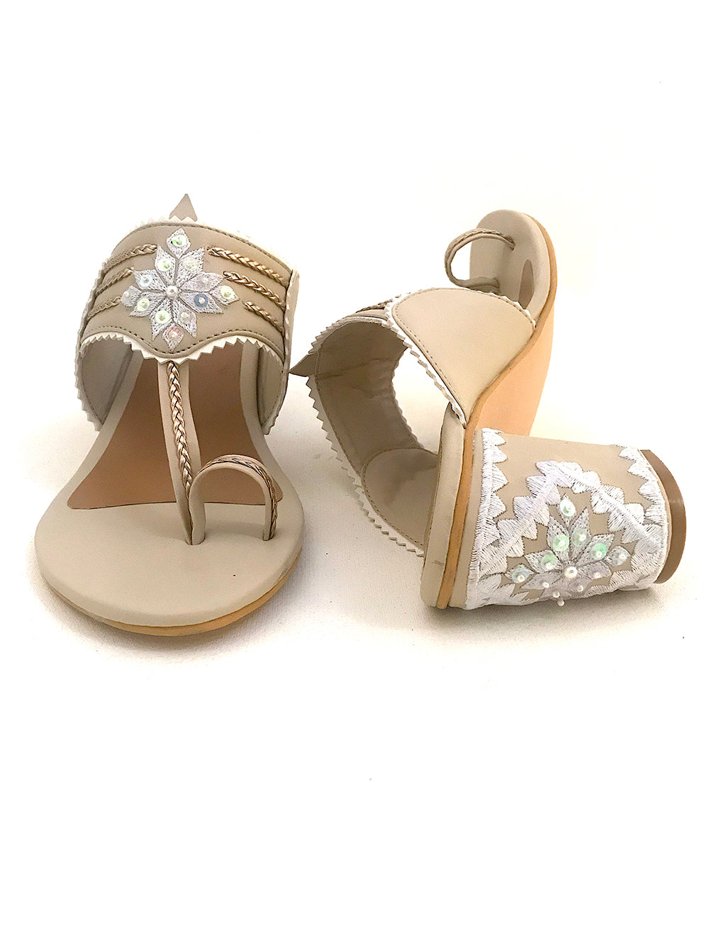 Beige & Gold Vegan Leather Kolhapuri Block Heel