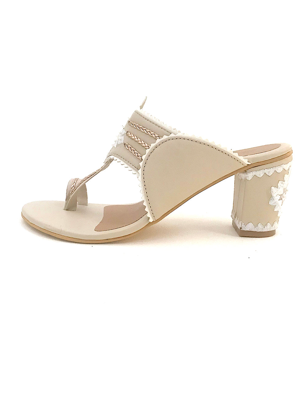 Beige & Gold Vegan Leather Kolhapuri Block Heel