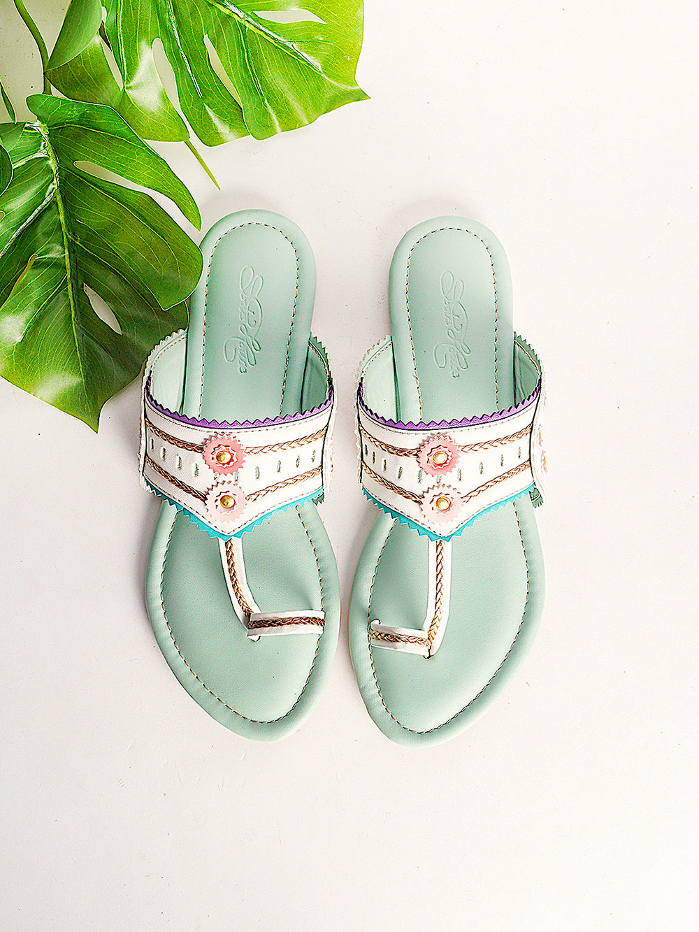 Sea Green Multicolor Leather Flats