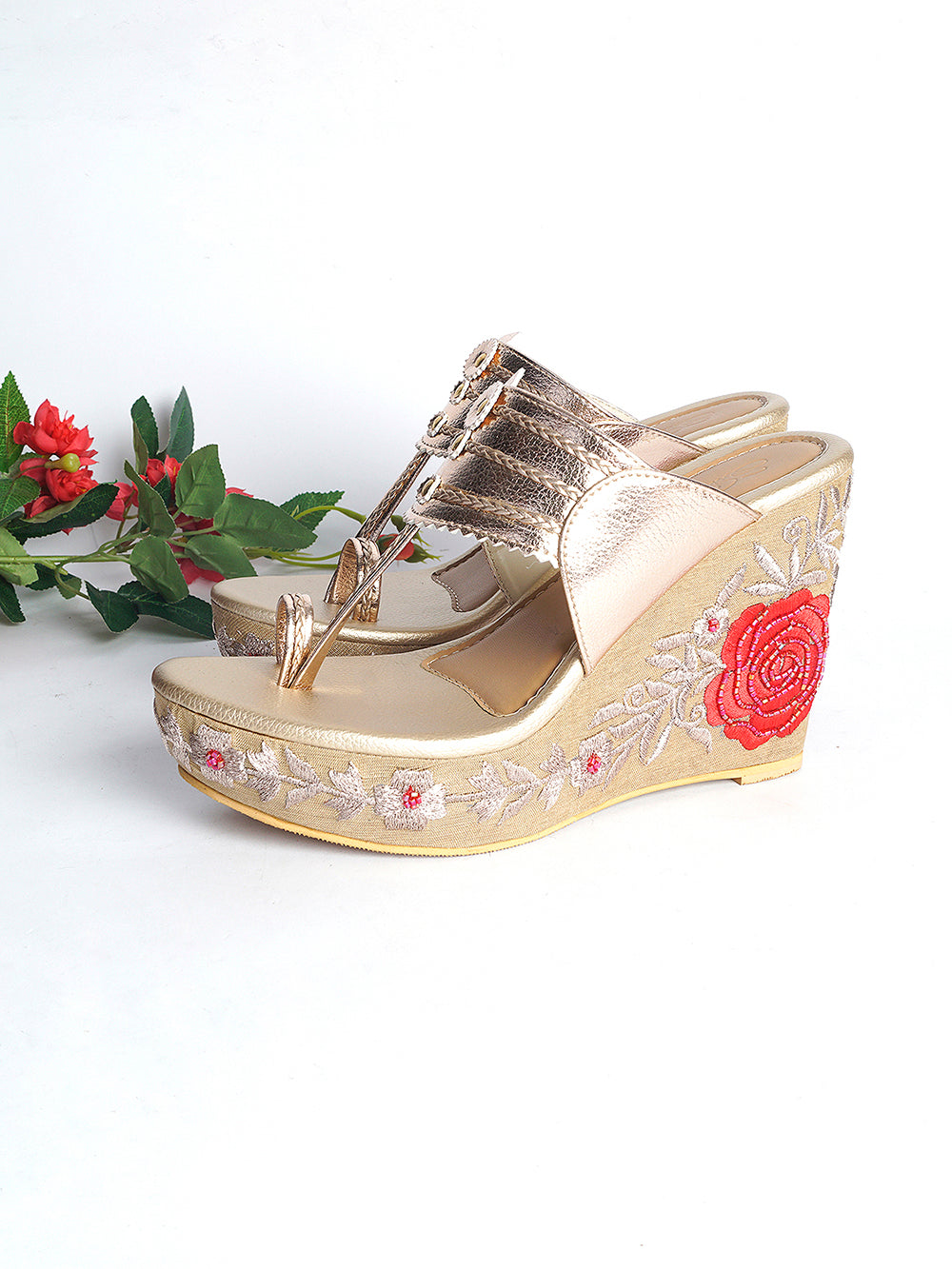 Gold , Red Vegan Leather Wedges