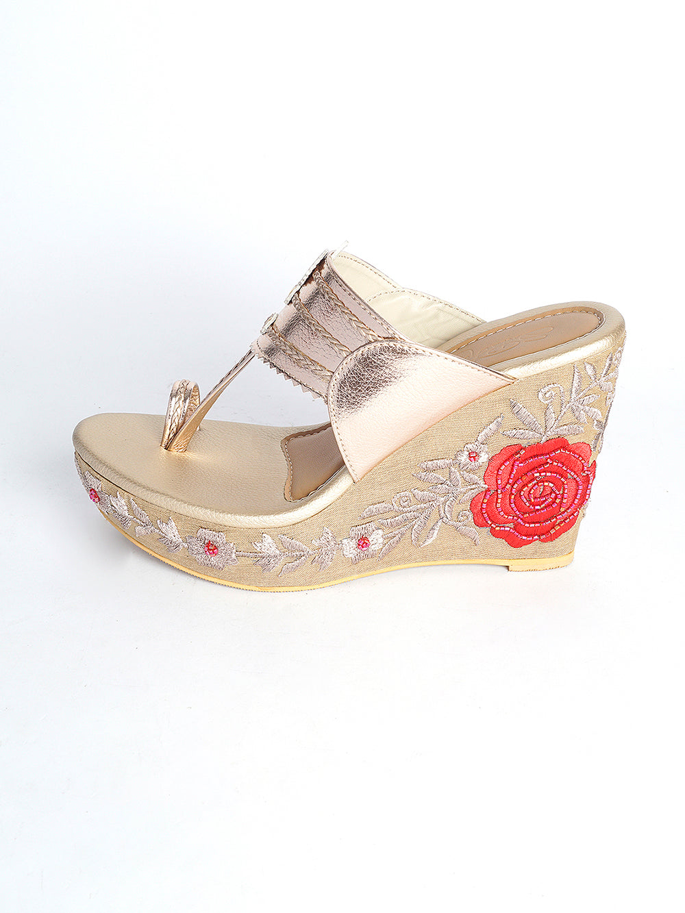 Gold , Red Vegan Leather Wedges