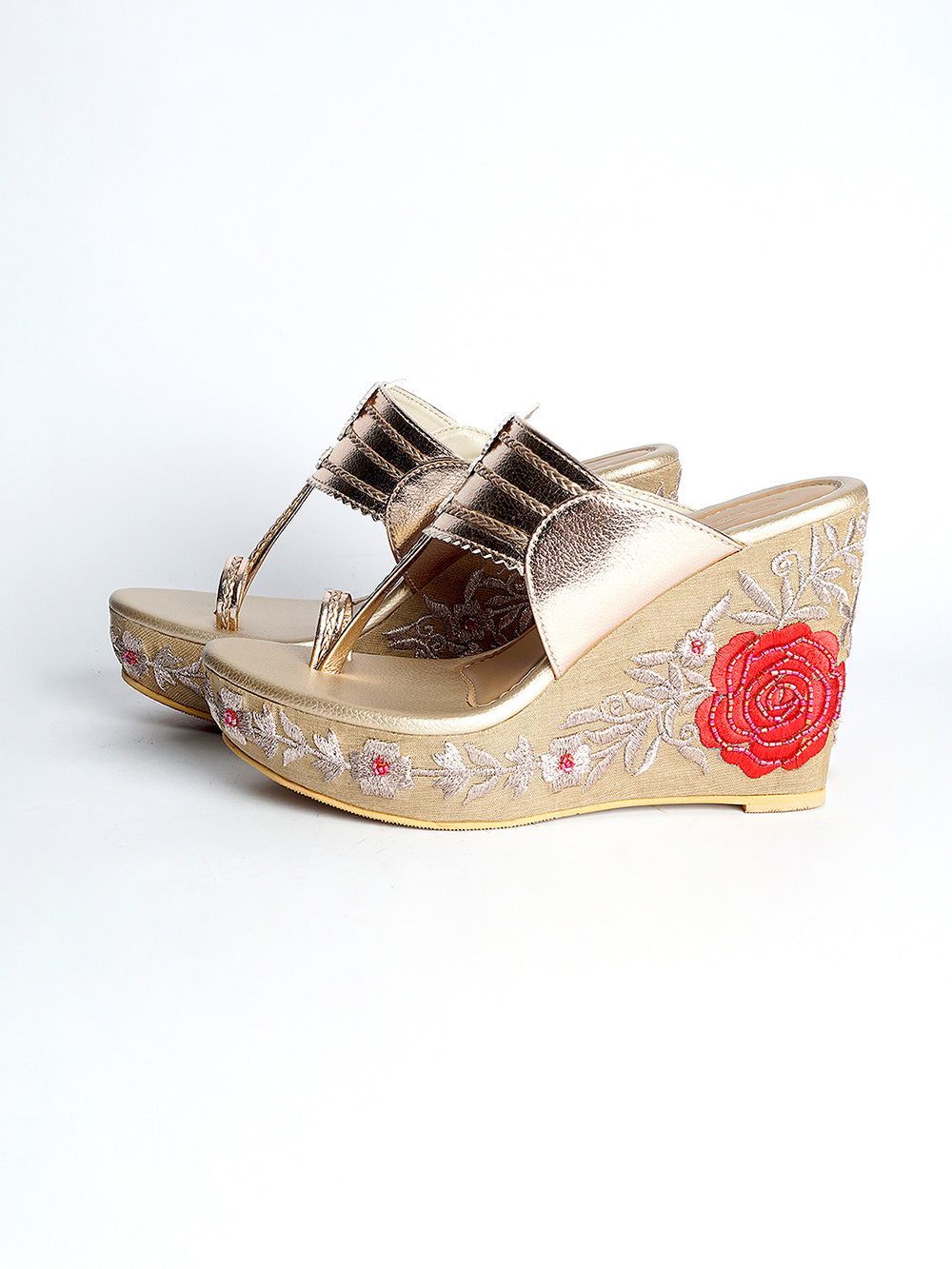 Gold , Red Vegan Leather Wedges