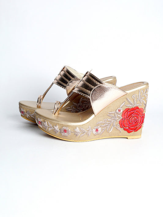 Gold , Red Vegan Leather Wedges