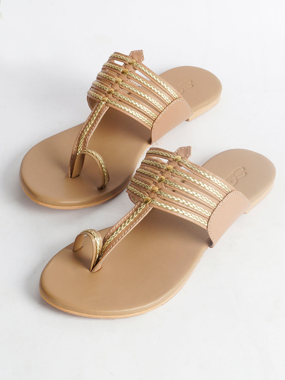 Nude Kolapuri With Gold Braiding and Gold Rivet Leather Flats