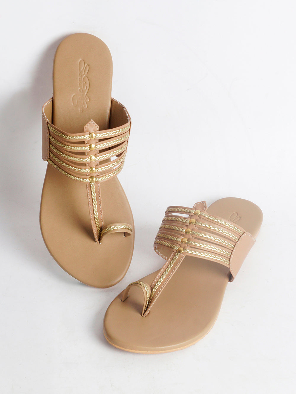 Nude Kolapuri With Gold Braiding and Gold Rivet Leather Flats