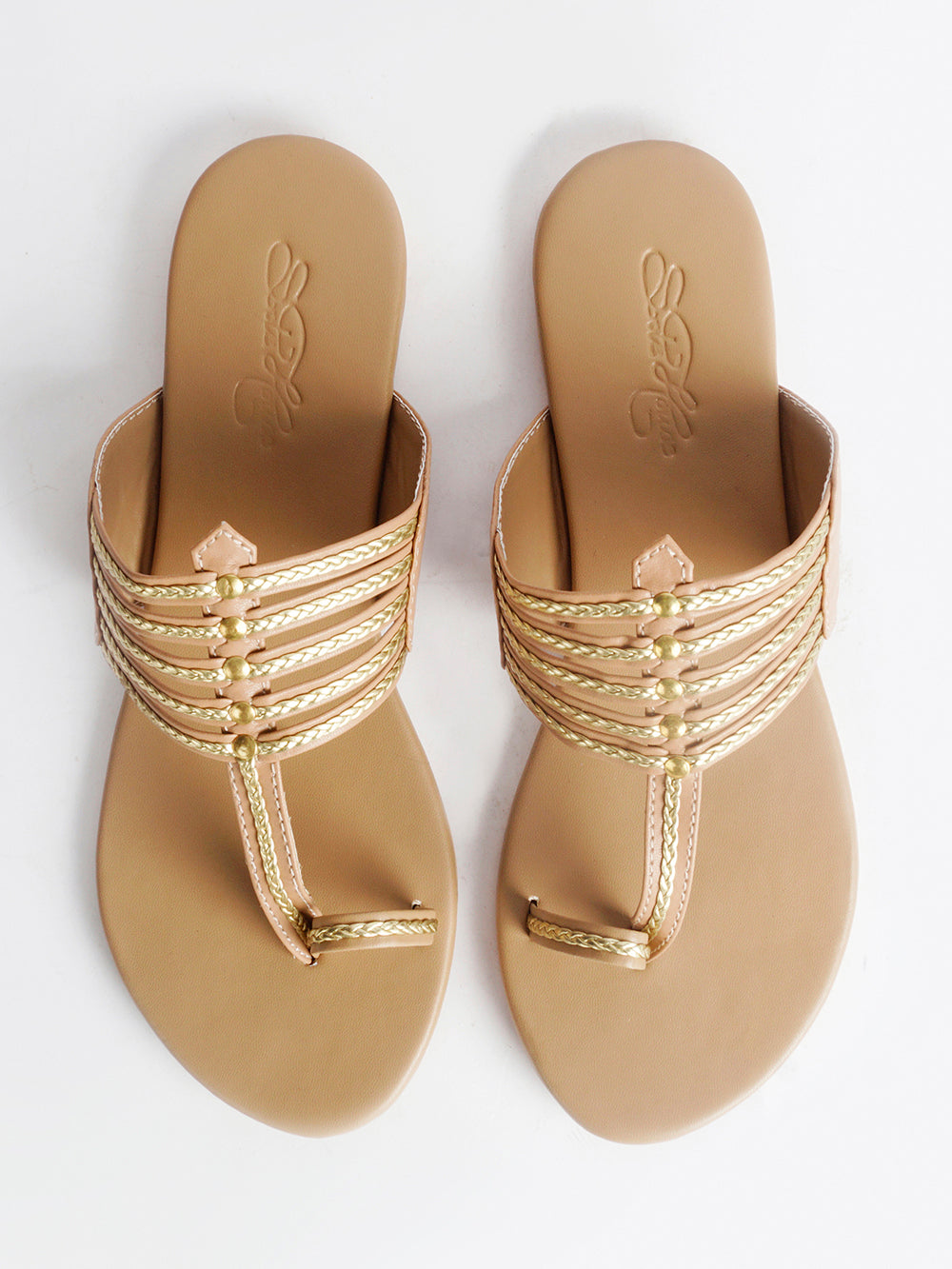 Nude Kolapuri With Gold Braiding and Gold Rivet Leather Flats