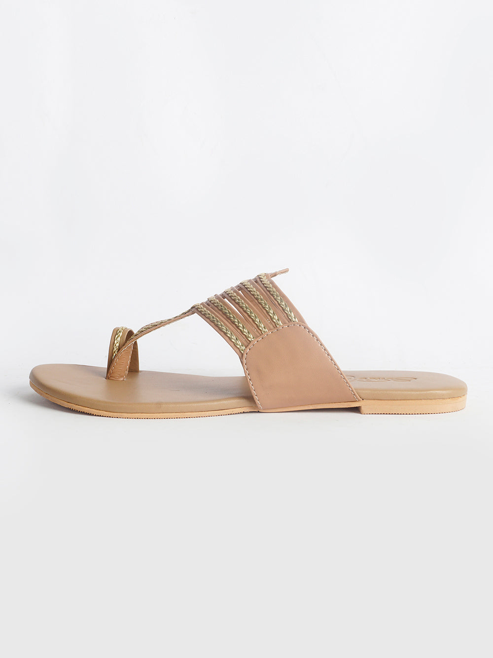 Nude Kolapuri With Gold Braiding and Gold Rivet Leather Flats