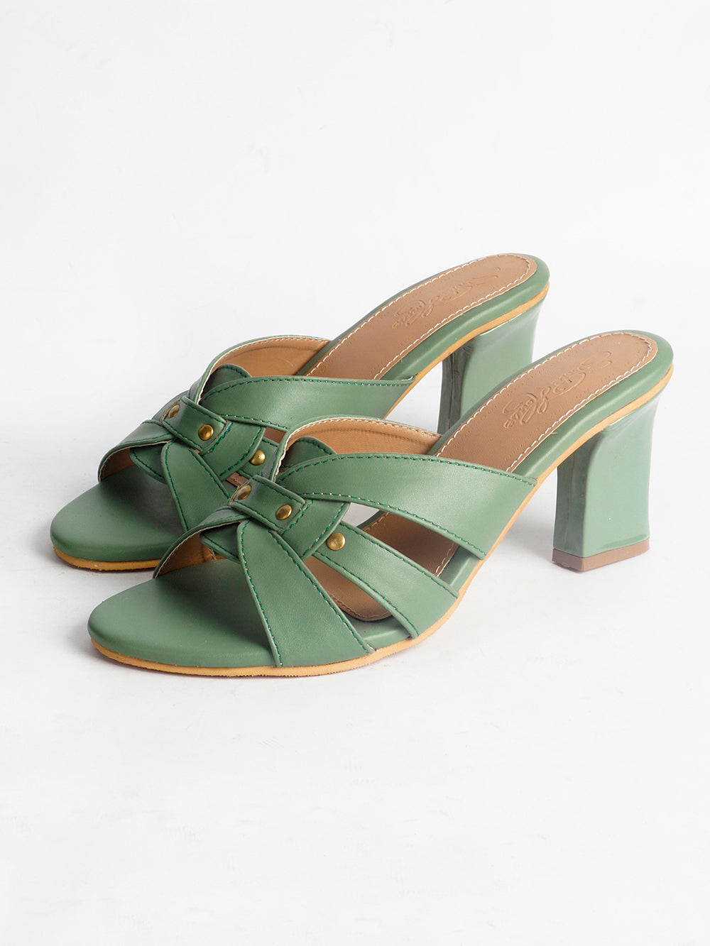 Olive Green leather Block Heels