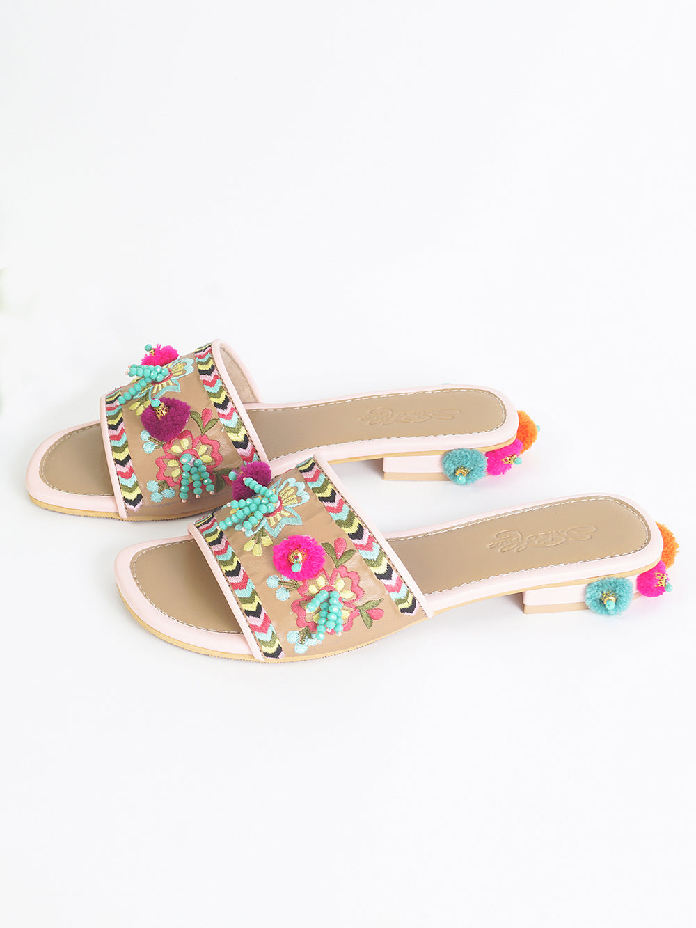 Multicolor Pom Pom Leather Flats