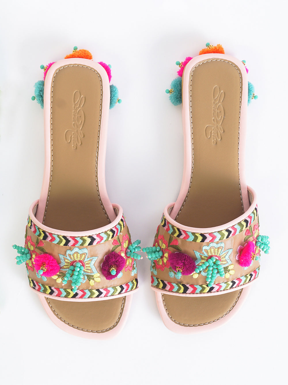 Multicolor Pom Pom Leather Flats