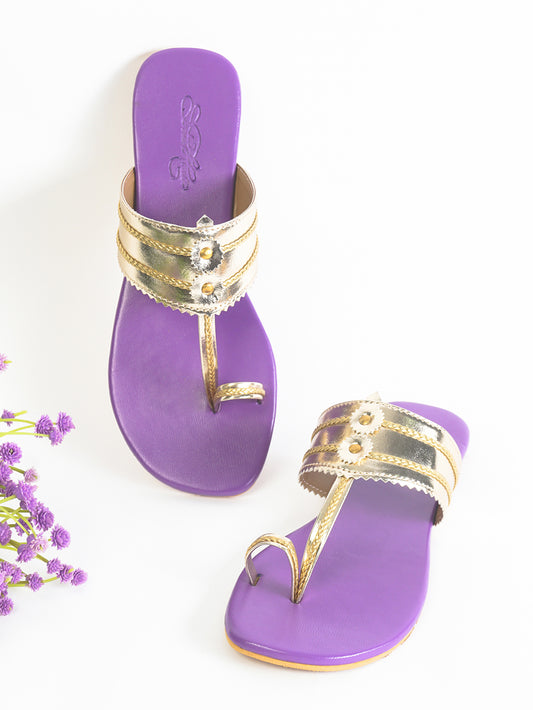 Light Gold Purple Kolapuri Vegan Leather Flats