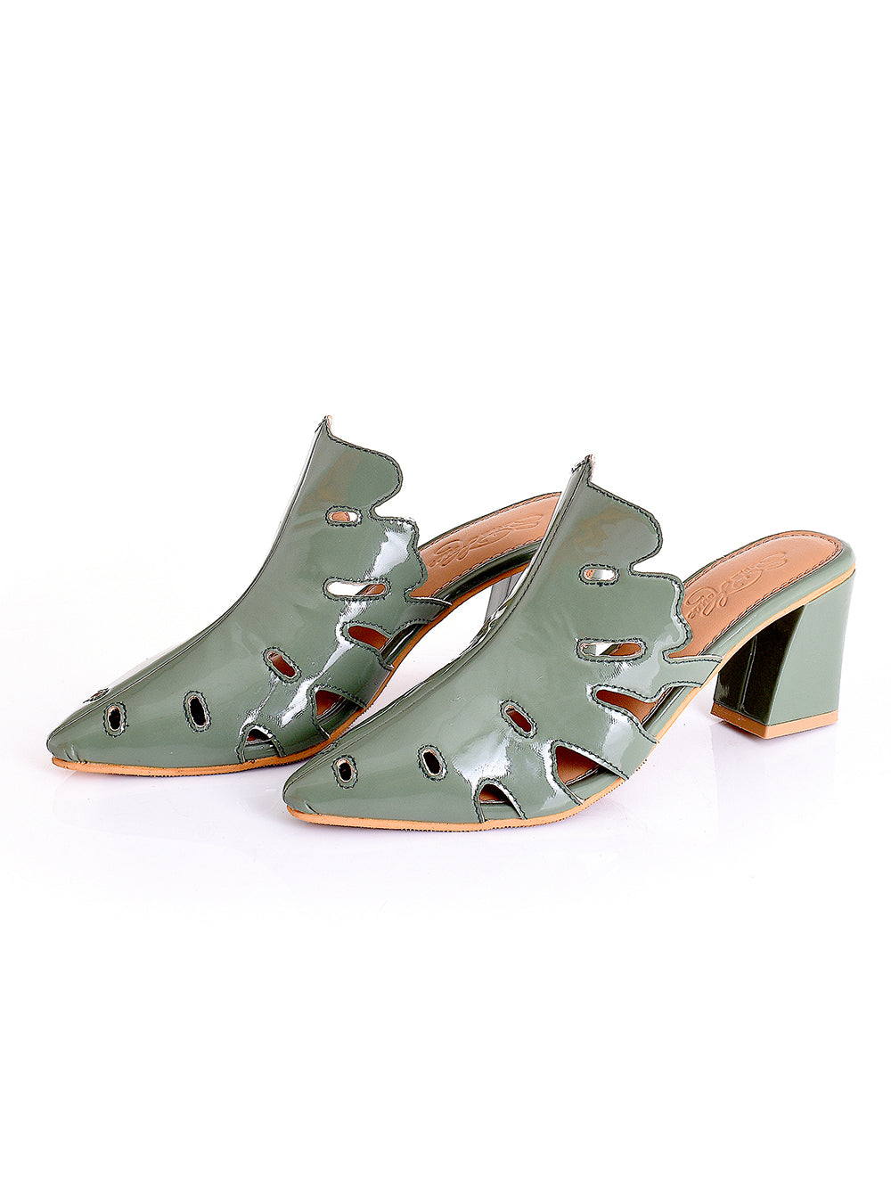 Olive Green leather Block Heel