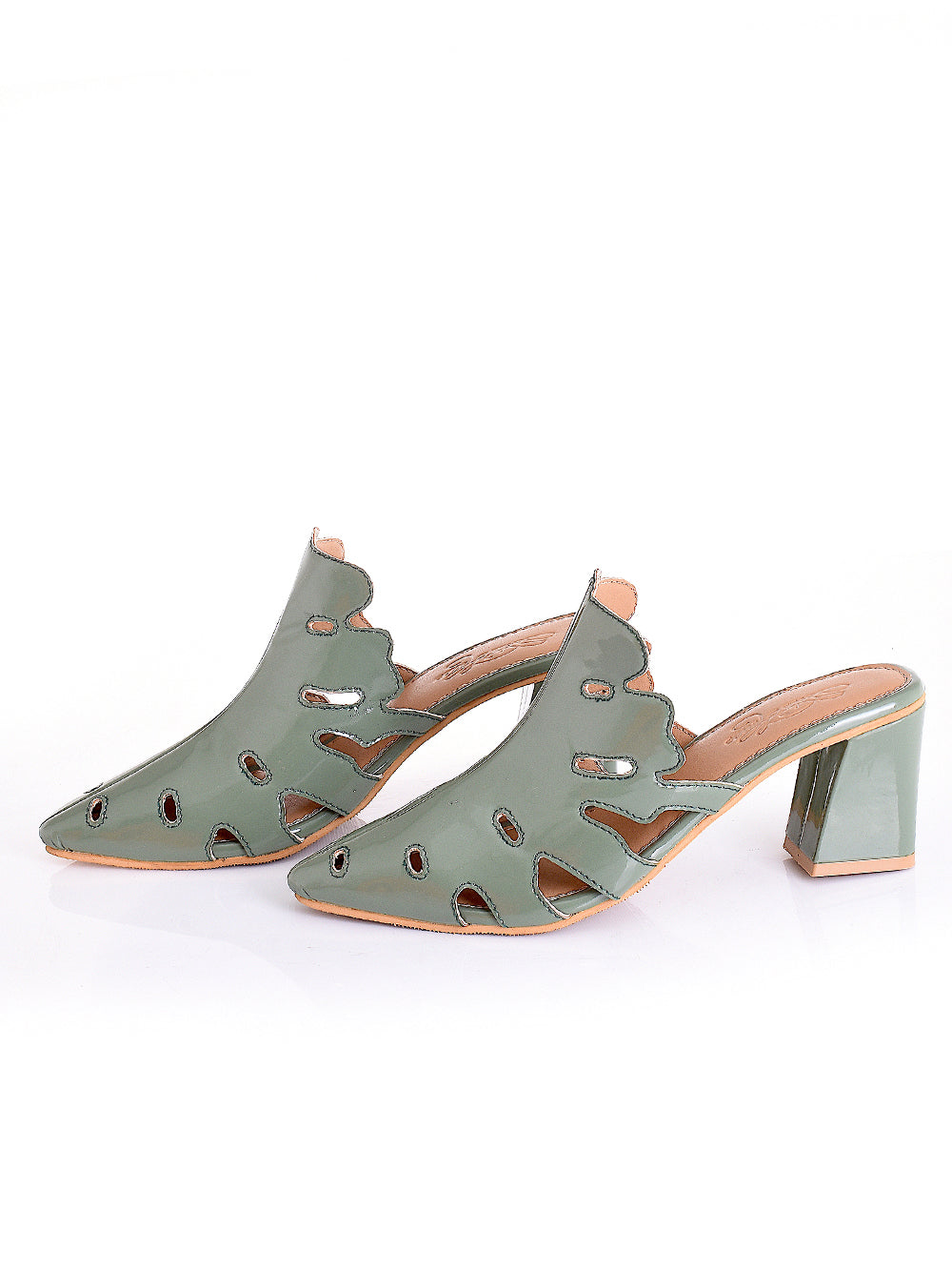 Olive Green leather Block Heel