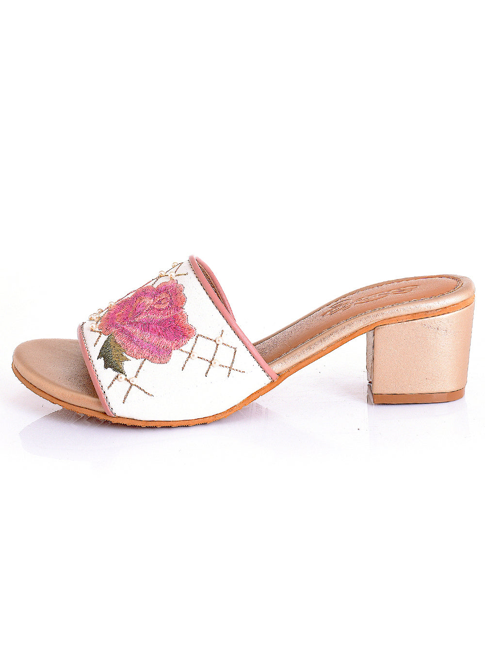 Beige Embroidered Vegan Leather Block Heel