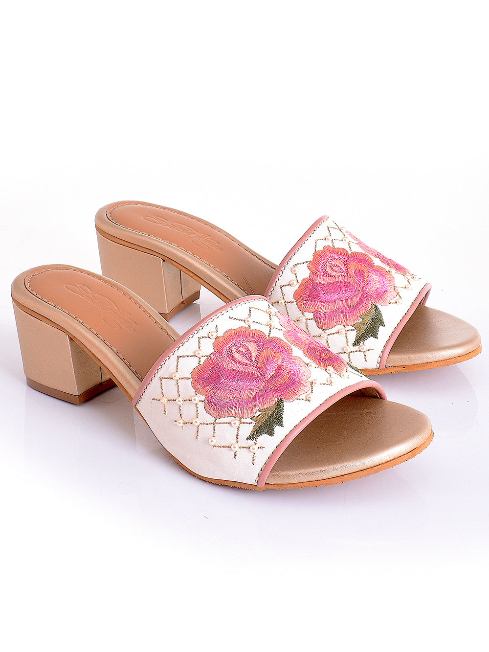 Beige Embroidered Vegan Leather Block Heel