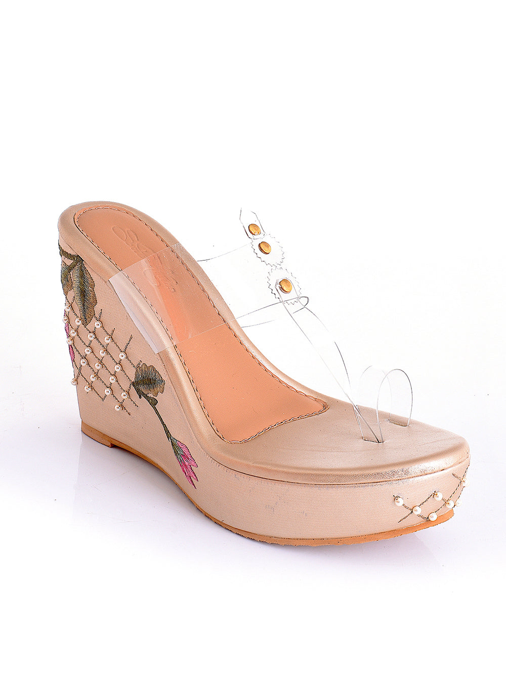 Gold Pink Vegan Leather Wedges