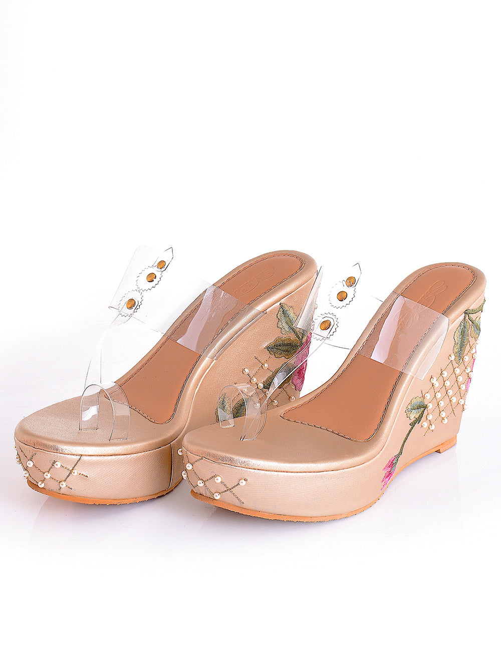 Gold Pink Vegan Leather Wedges