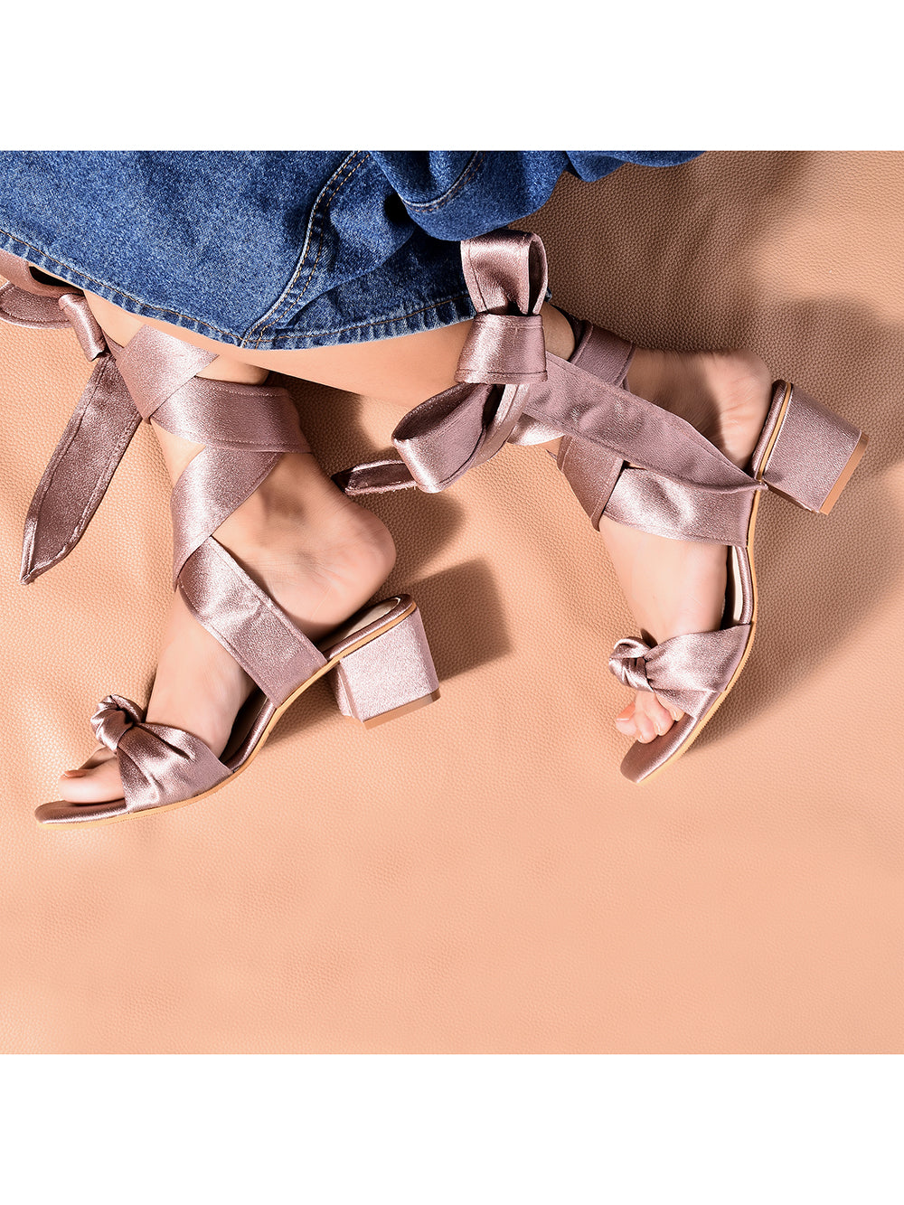 Mauve Satin Vegan Leather Block Heel