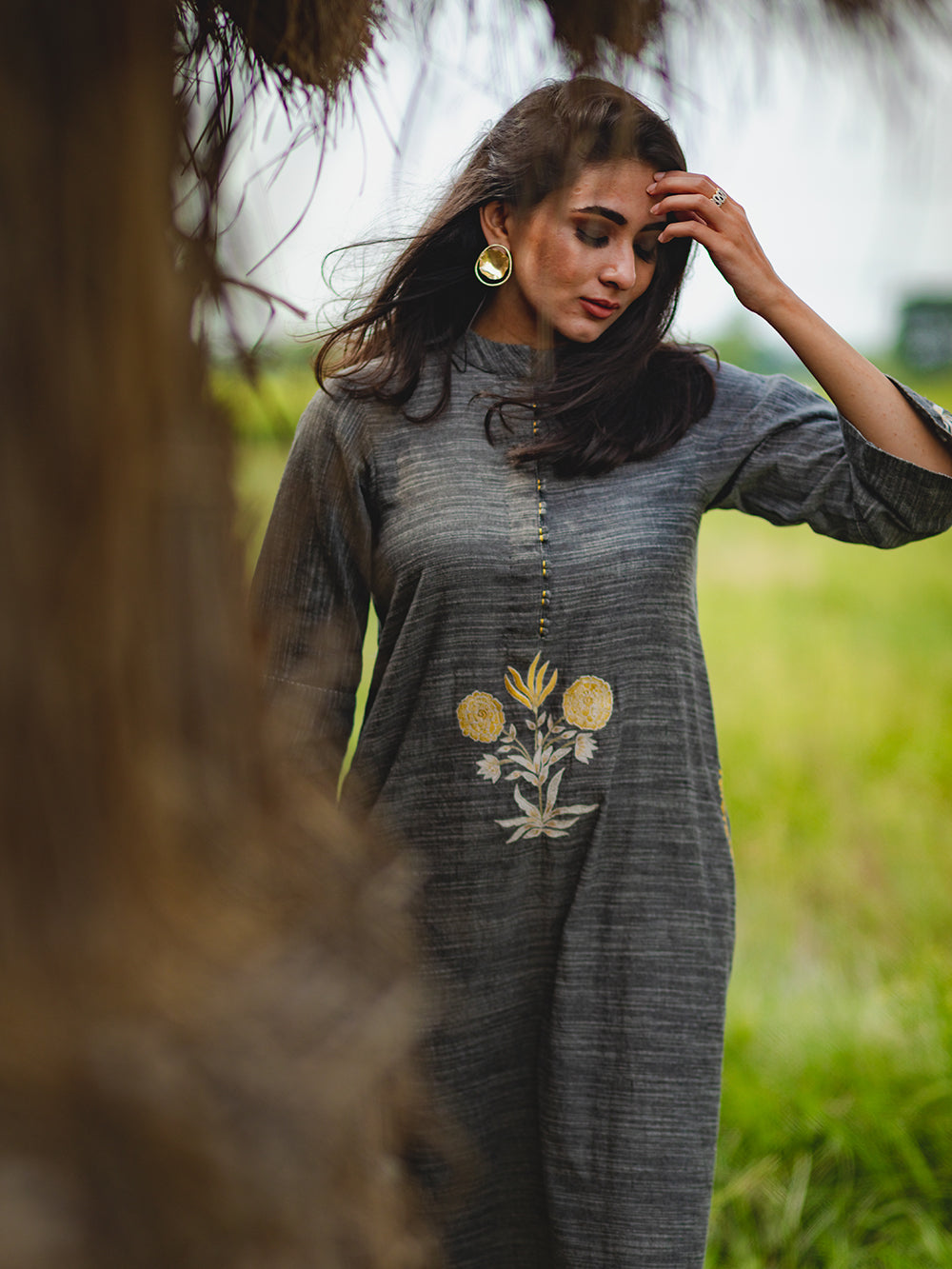 Black Slub Hand Embroidered Cotton Kurta