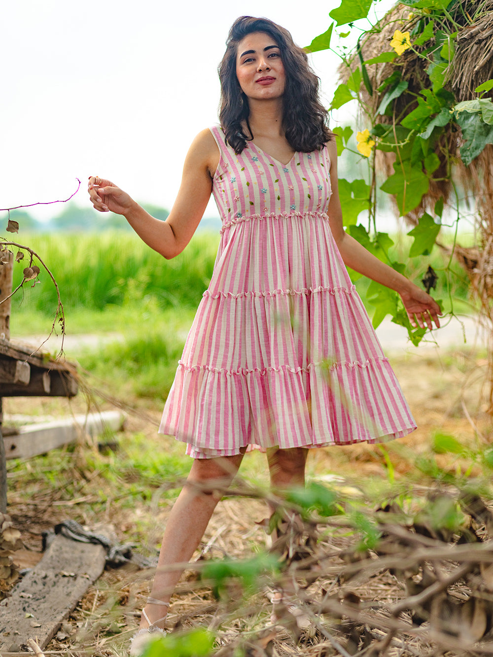 Pink & White handwoven Kala Cotton Dress