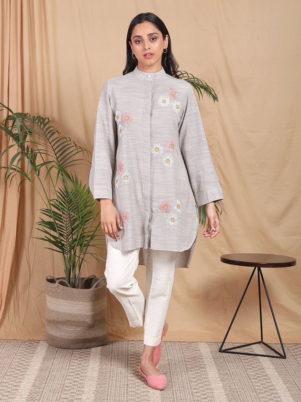 Grey Hand embroidered cotton shirt