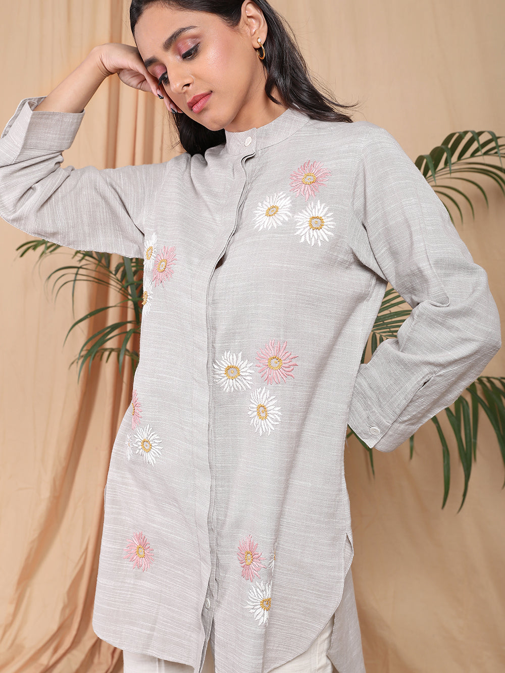 Grey Hand embroidered cotton shirt