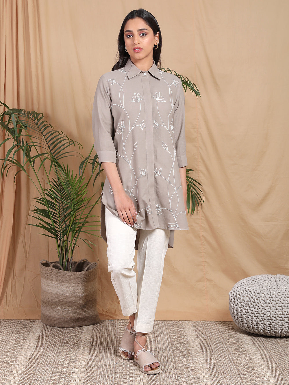 Brown Embroidered cotton Shirt