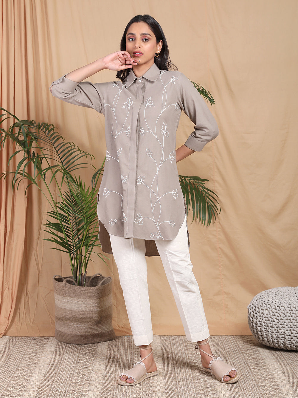 Brown Embroidered cotton Shirt