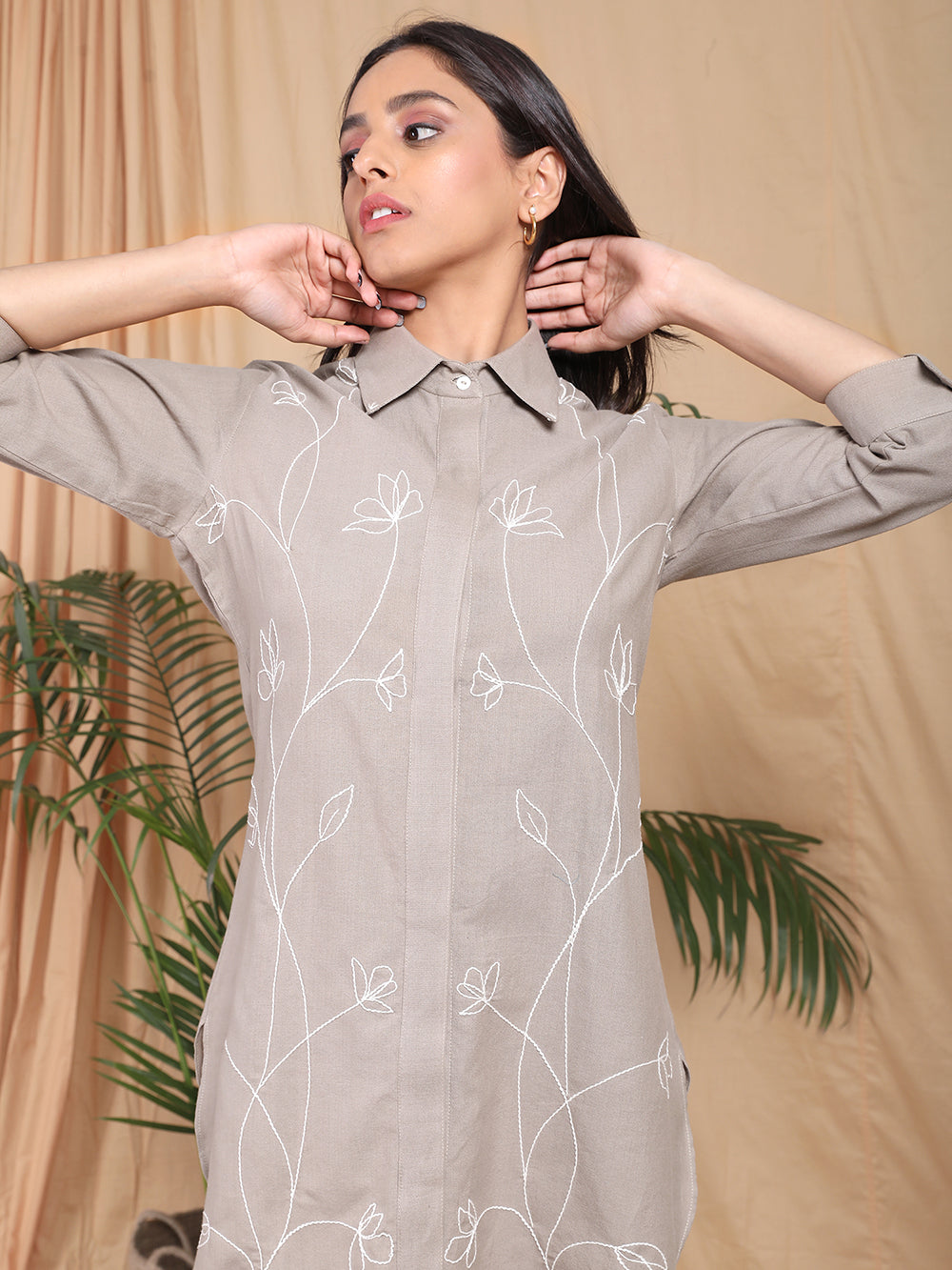 Brown Embroidered cotton Shirt