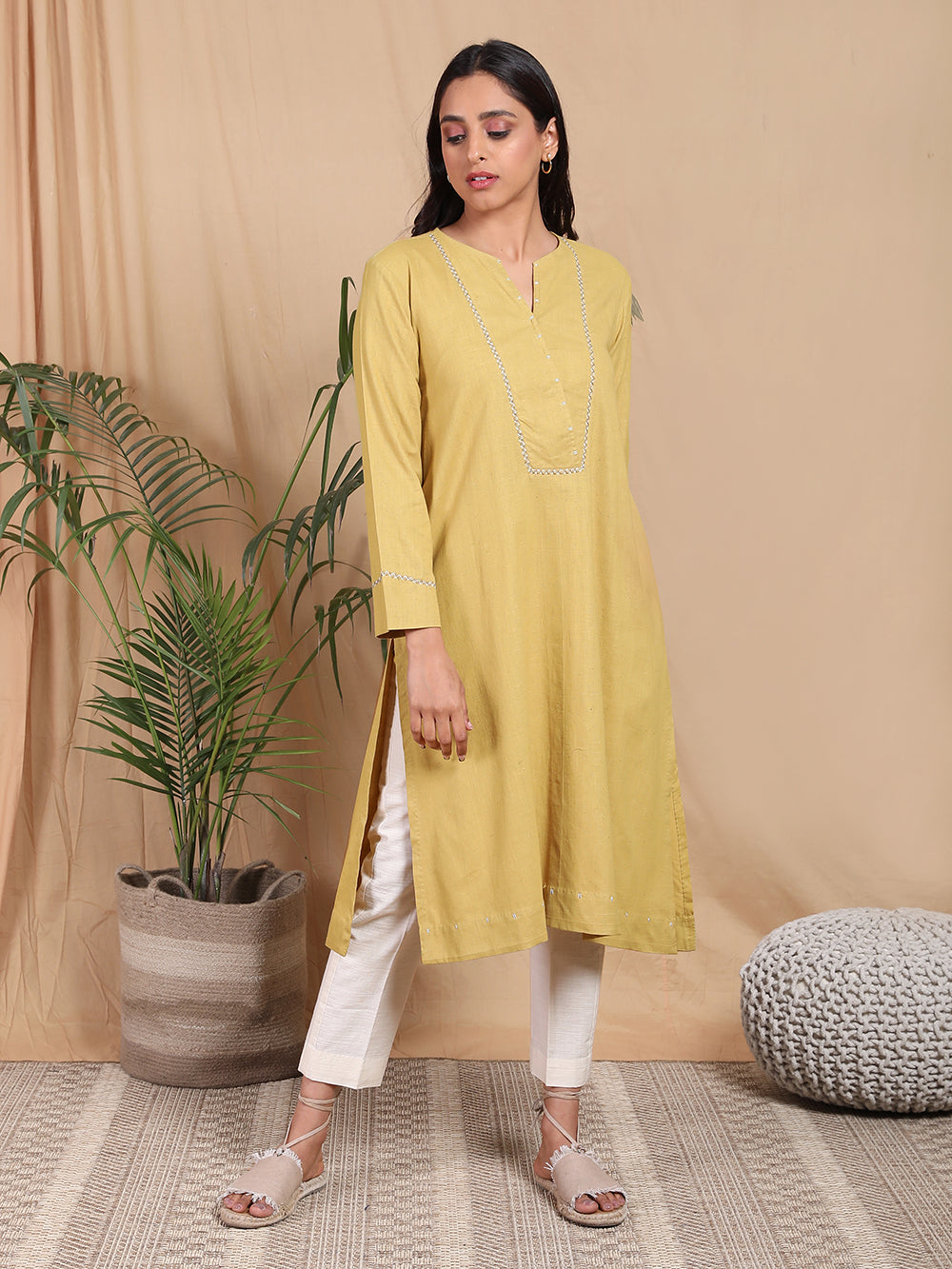 Mustard Hand Embroidered Cotton Kurta