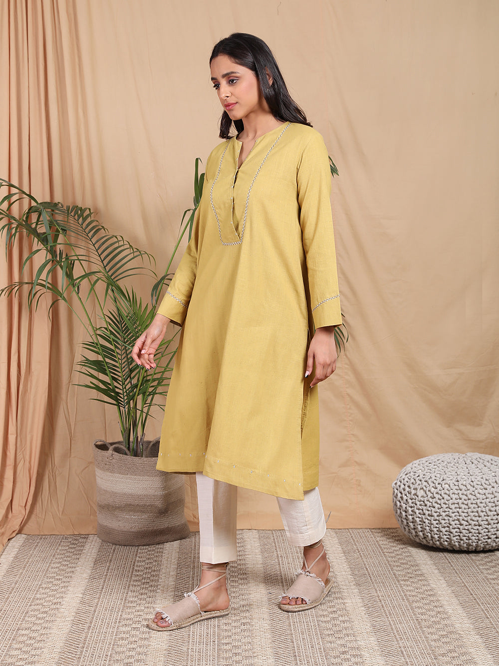 Mustard Hand Embroidered Cotton Kurta