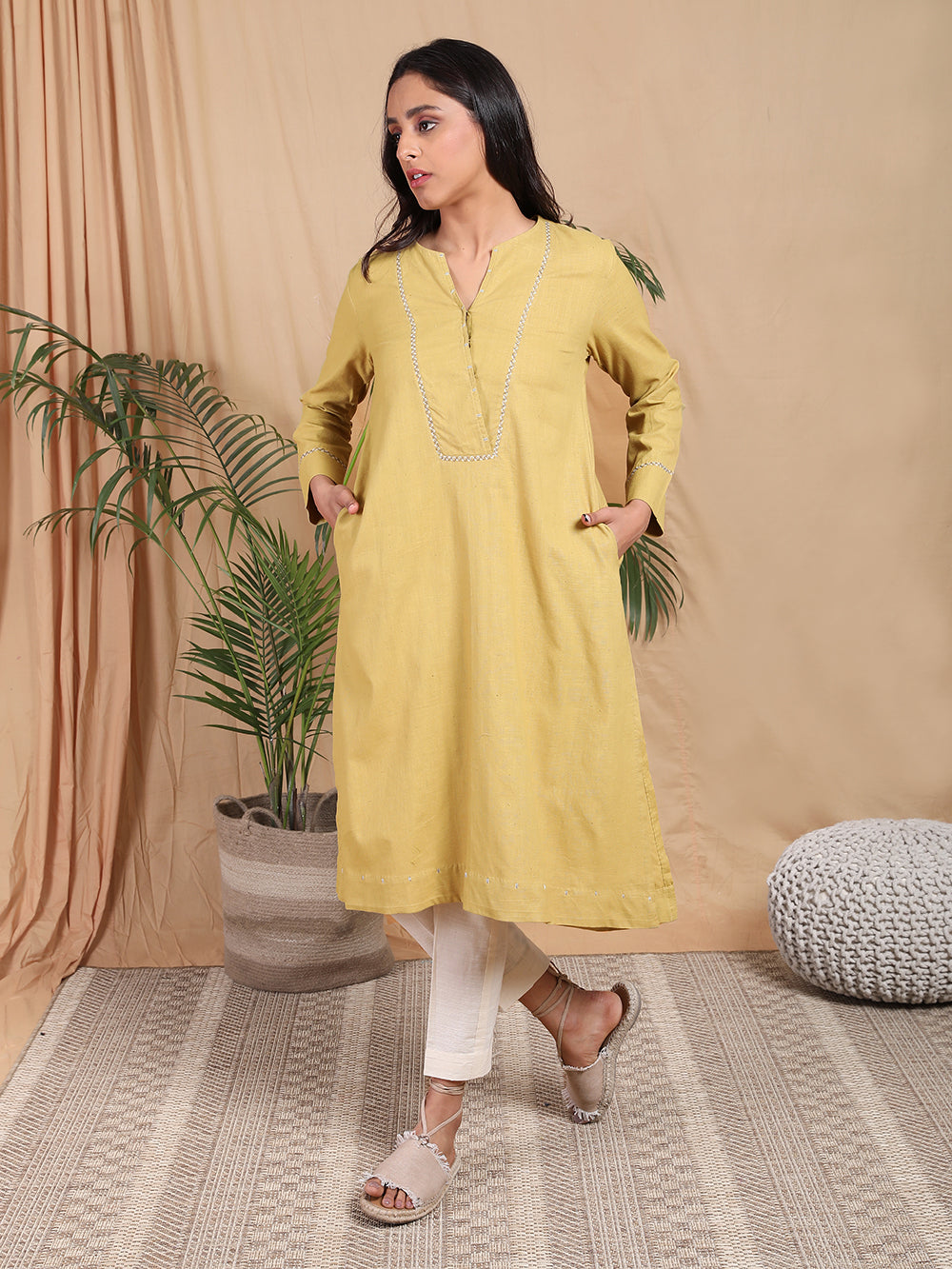 Mustard Hand Embroidered Cotton Kurta