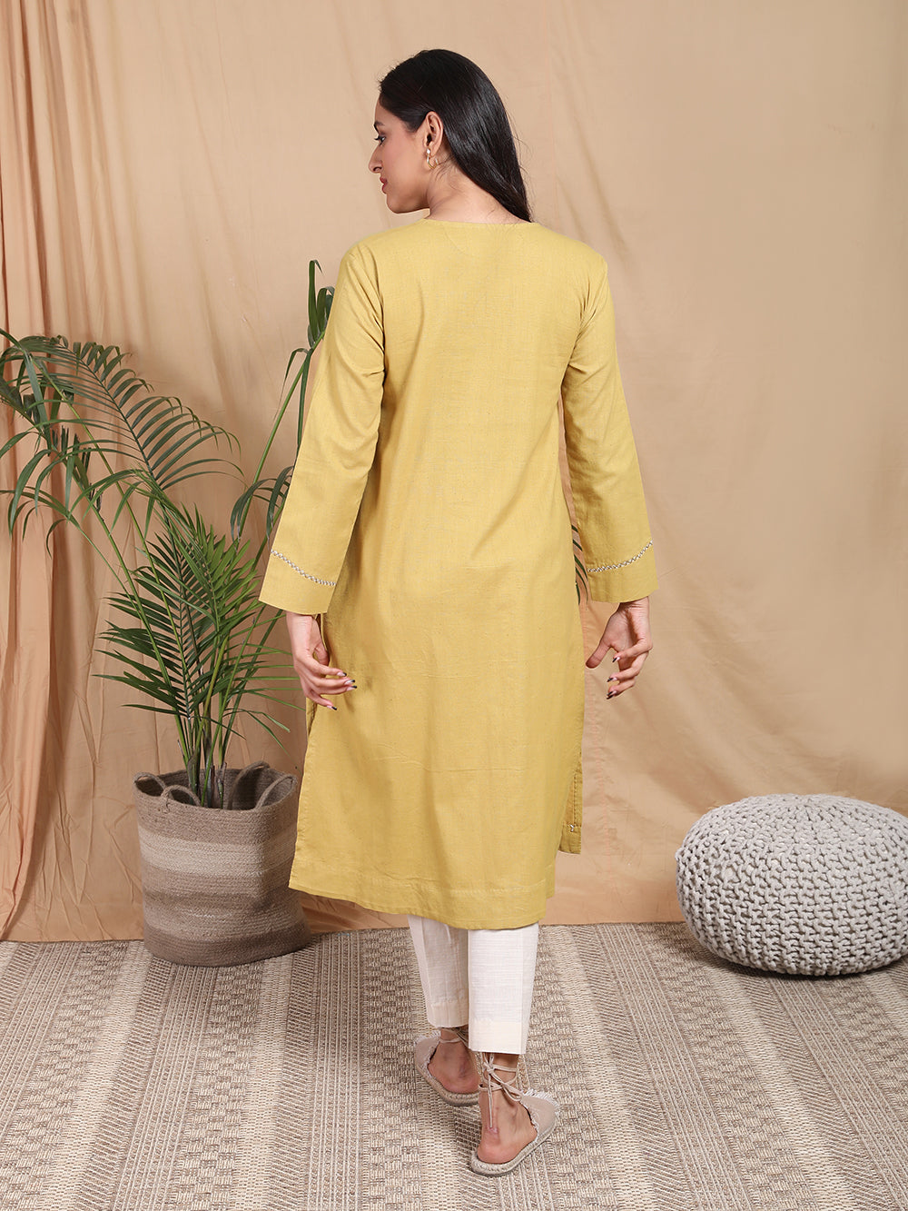 Mustard Hand Embroidered Cotton Kurta