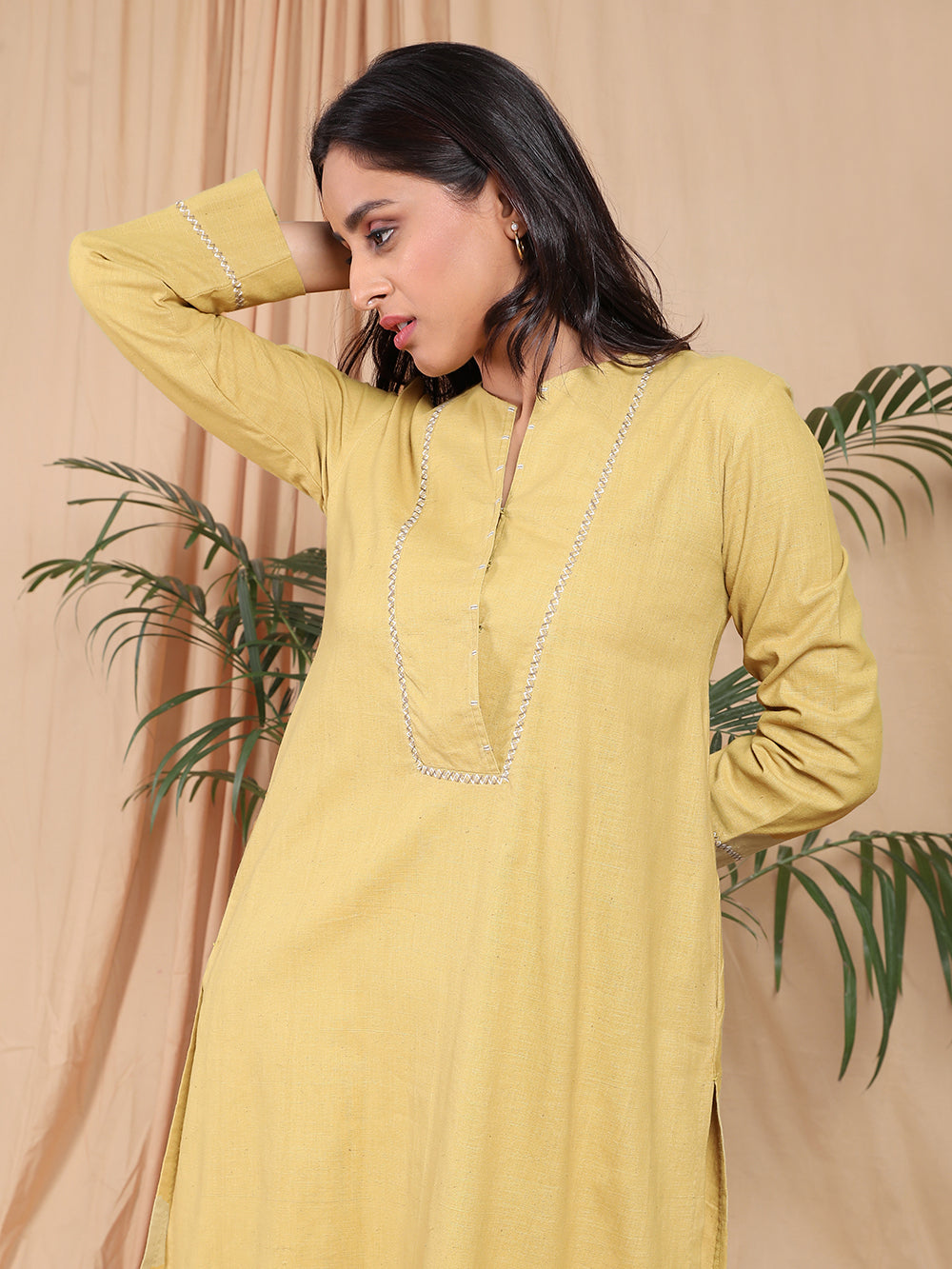 Mustard Hand Embroidered Cotton Kurta