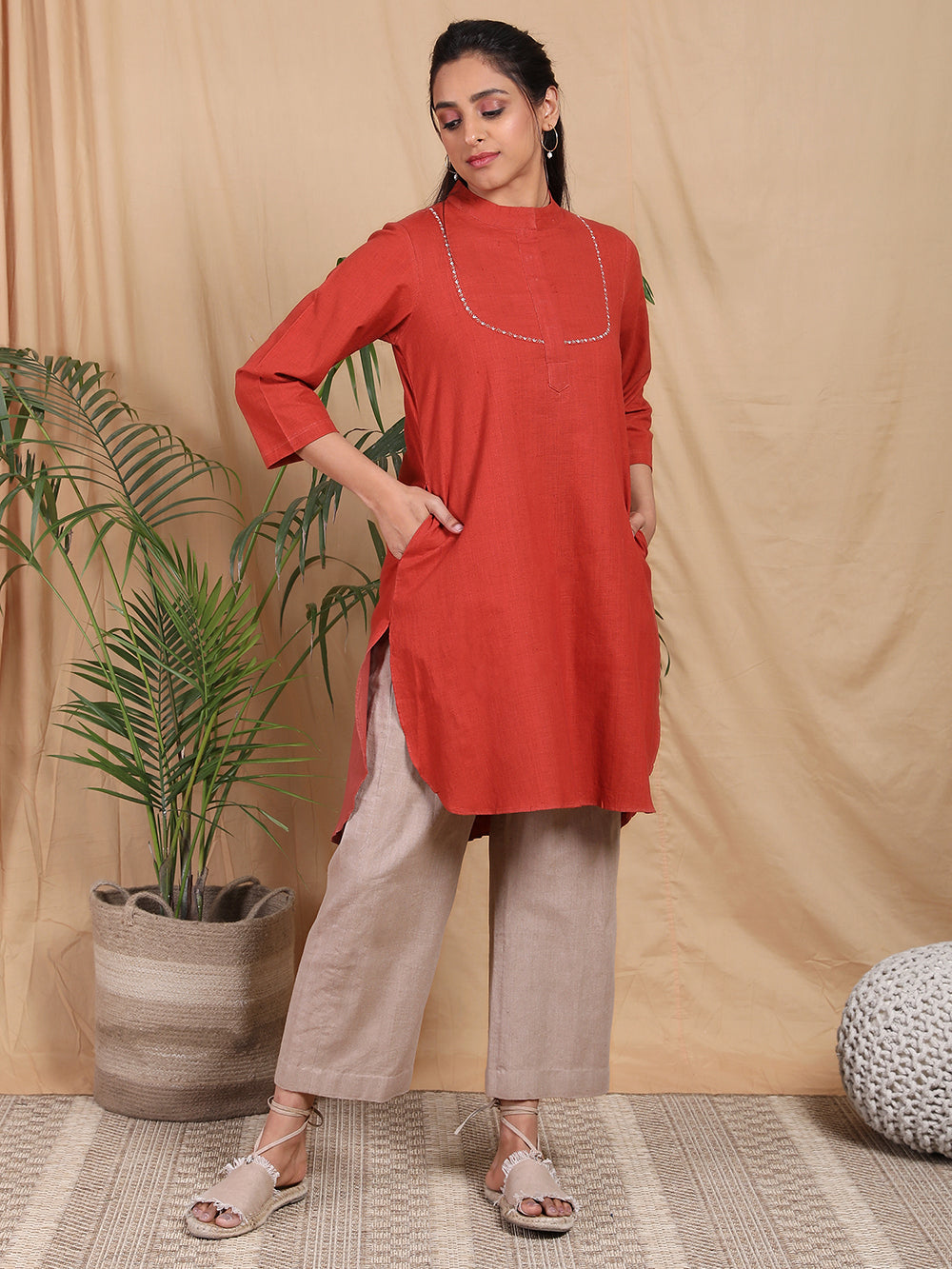 Red Cotton Hand embroidered kurta