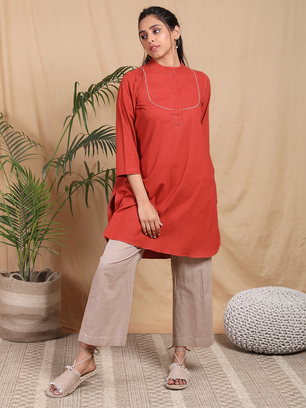 Red Cotton Hand embroidered kurta