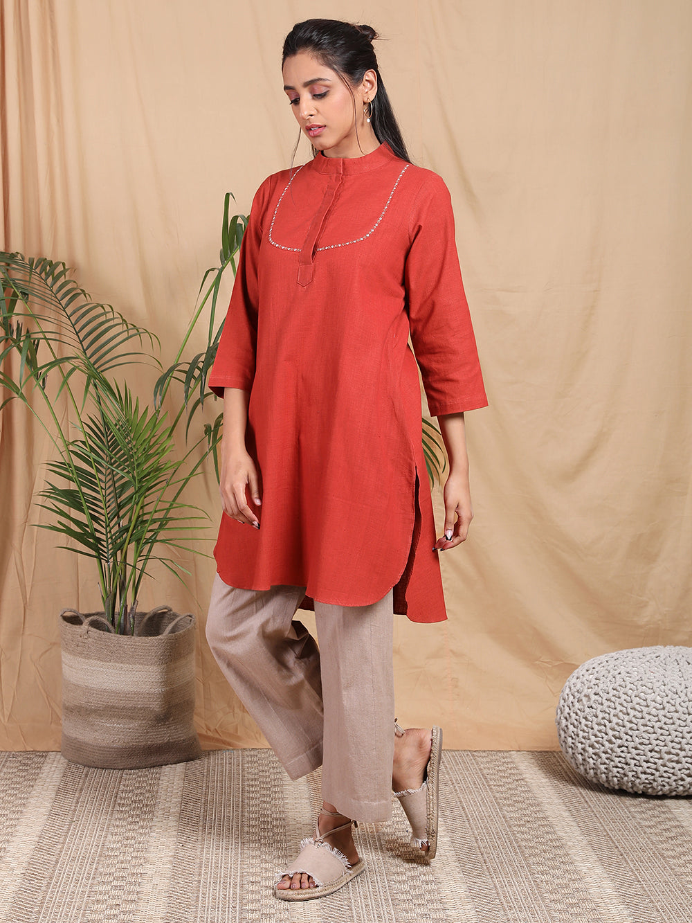 Red Cotton Hand embroidered kurta