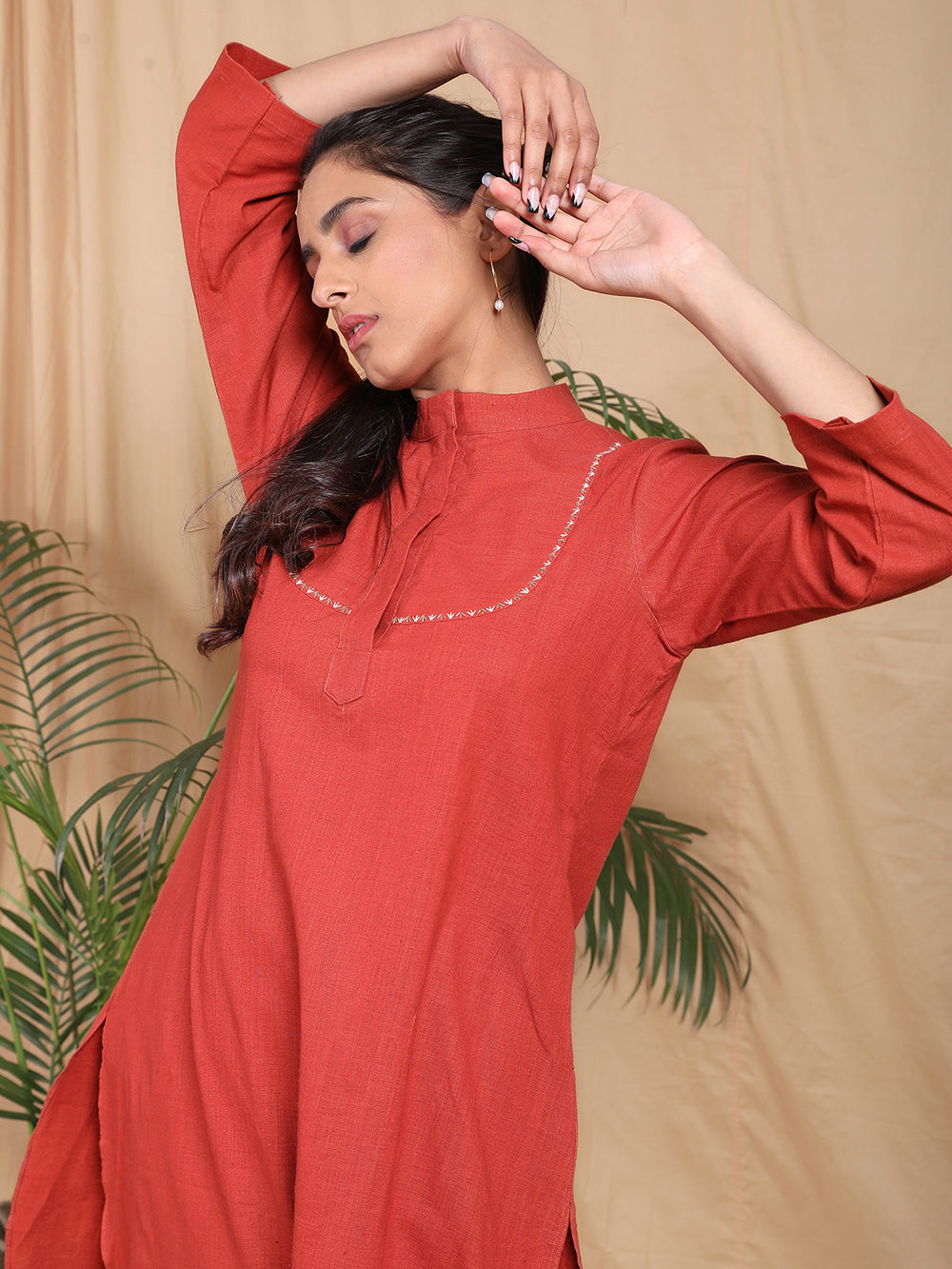 Red Cotton Hand embroidered kurta