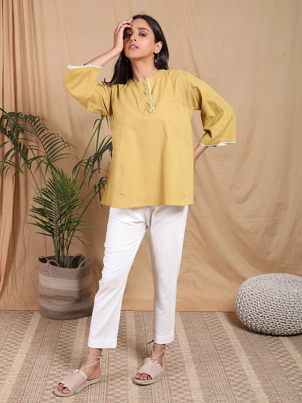 Mustard Hand woven Cotton Kurta